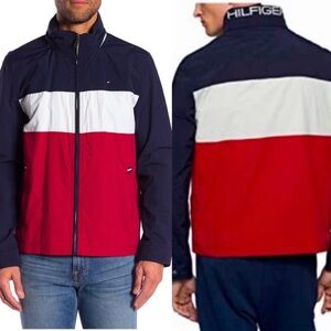 tommy hilfiger red white blue taslan windbreaker water resistant jacket hoodie